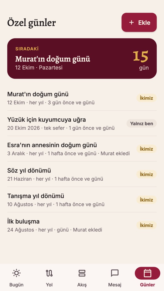 Özel günler listesi